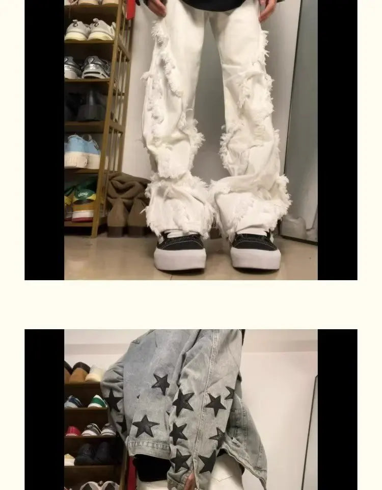 American Style Erosion Damage Raw Edge Street Jeans Men's Harajuku Style Hip-hop Dance Straight White Jeans Women's Y2k Clothing