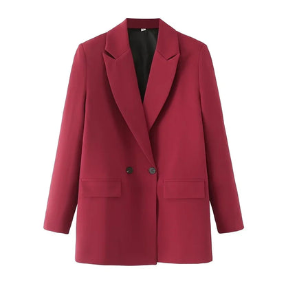 Women Chic Office Lady Double Breasted Blazer Vintage Coat Fashion Notched Collar Long Sleeve Ladies Outerwear Stylish Tops
