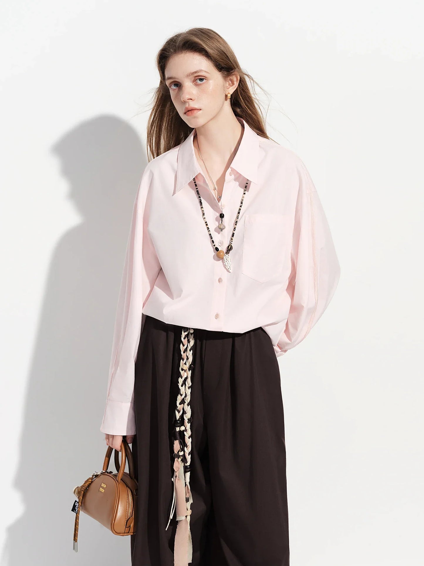 Women's French Loose Fit Cotton Shirt Long Sleeve Layering Top with Web Strap Detail Casual Oversized Blouse
