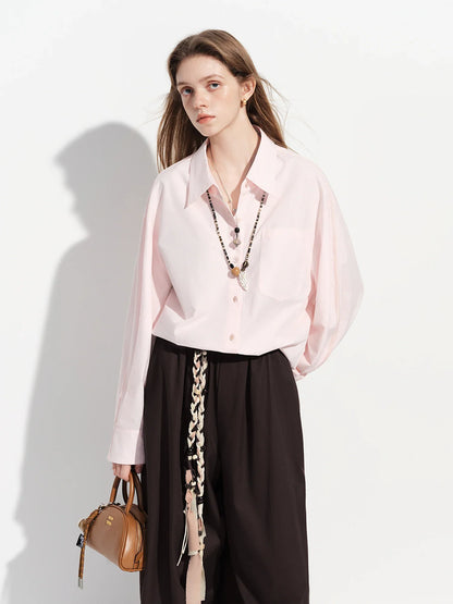 Women's French Loose Fit Cotton Shirt Long Sleeve Layering Top with Web Strap Detail Casual Oversized Blouse