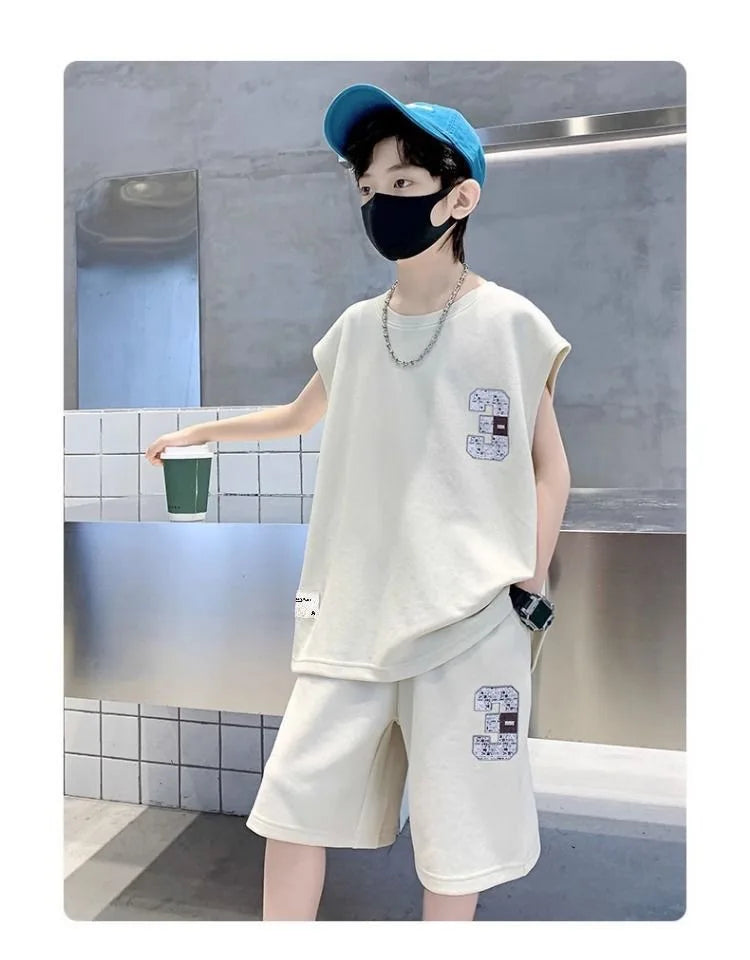 Summer Boys Loose Sleeveless Printed T-Shirt Tops+Shorts Pant School Kids 2PCS Tracksuit Child Outfit Student Workout Set 5-16Yr