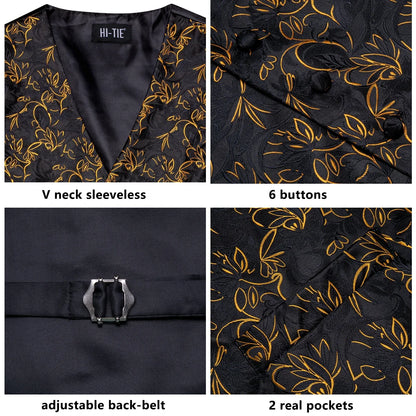 Luxury Men Silk Vest Gold Black Blue Red Green Purple Floral Waistcoat Tie Hanky Cufflinks Brooch Wedding Formal Business