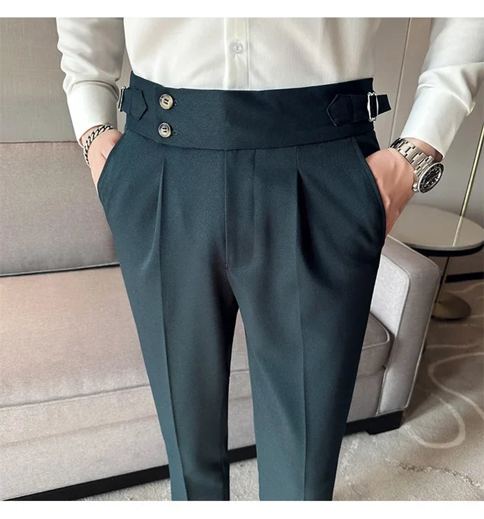 Pure Color Male Business Wedding Dress Pants Fashion Unique Design Men Waist Adjustable Suit Pant No Belt Slim Trousers Homme