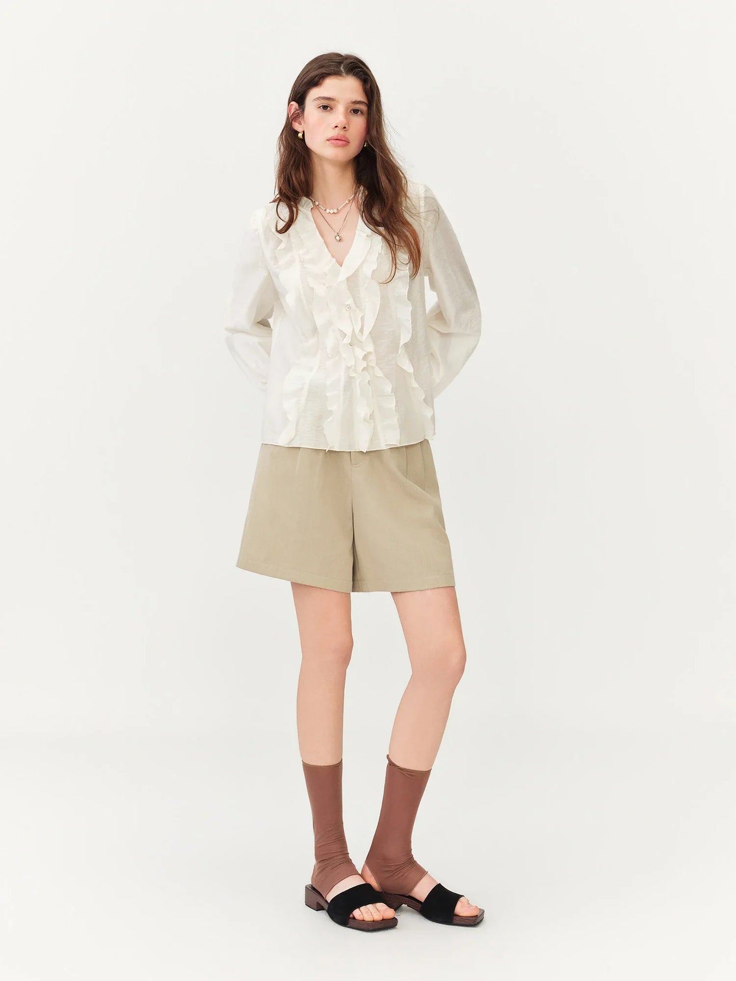 2026 Summer New Women's French Style V-Neck Ruffle Blouse Lightweight Sheer Hem Top for Coquette Vacation Chic Daily Style