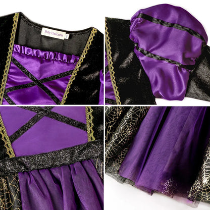 2025 Halloween Easter Festive Party Girl Cosplay Classic Witch Purple Print Long Sleeve Dress Evil Horror Set Baby Birthday Gift