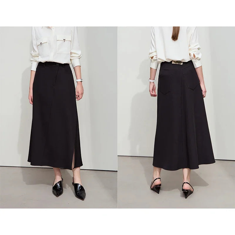 Minimalist Autumn New Commuter Asymmetrical Oblique Placket Split Skirt Non Ironing Anti Wrinkle A Shape Skirt 12551003