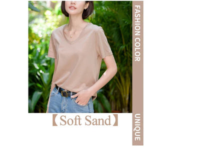 6% Real Silk Cotton Modal Women's T-shirt 2026 Summer Tees Short Sleeve Solid Tee Shirts V-neck Casual Woman Basic T shirt Tops