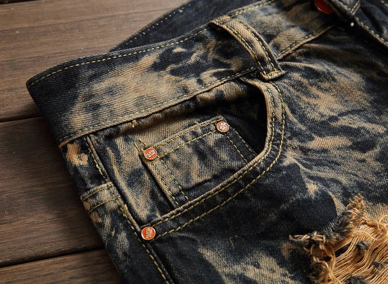 American Vintage Straight-leg Jeans for Men, Featuring Distressed Rip Details, Patchwork and Street-style Tapered Cut.