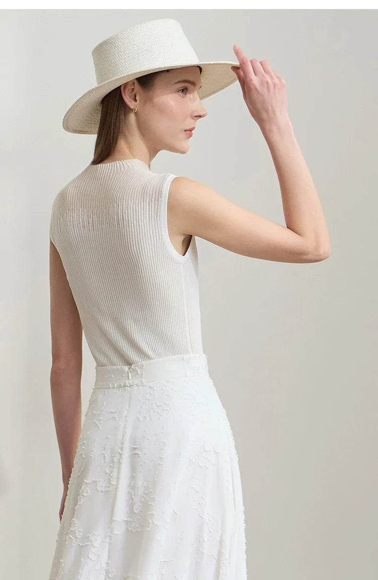 Women Top Minimalist Summer New Solid Color Mock Neck Sleeveless Slim Elastic Double Curved Yarn Knitted Camisole 12542249