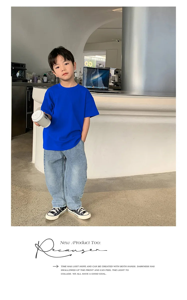 Summer Casual School Kids Cotton Plain Tee Tops Baby and Boys Short-Sleeved T-Shirt Children Outfit Clothing 1-16 Years