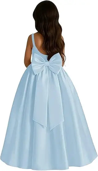 Long Ivory Satin Flower Girl Dresses for Wedding Bow Party Birthday Princess Dress Junior Bridesmaid First Holy Communion Gowns