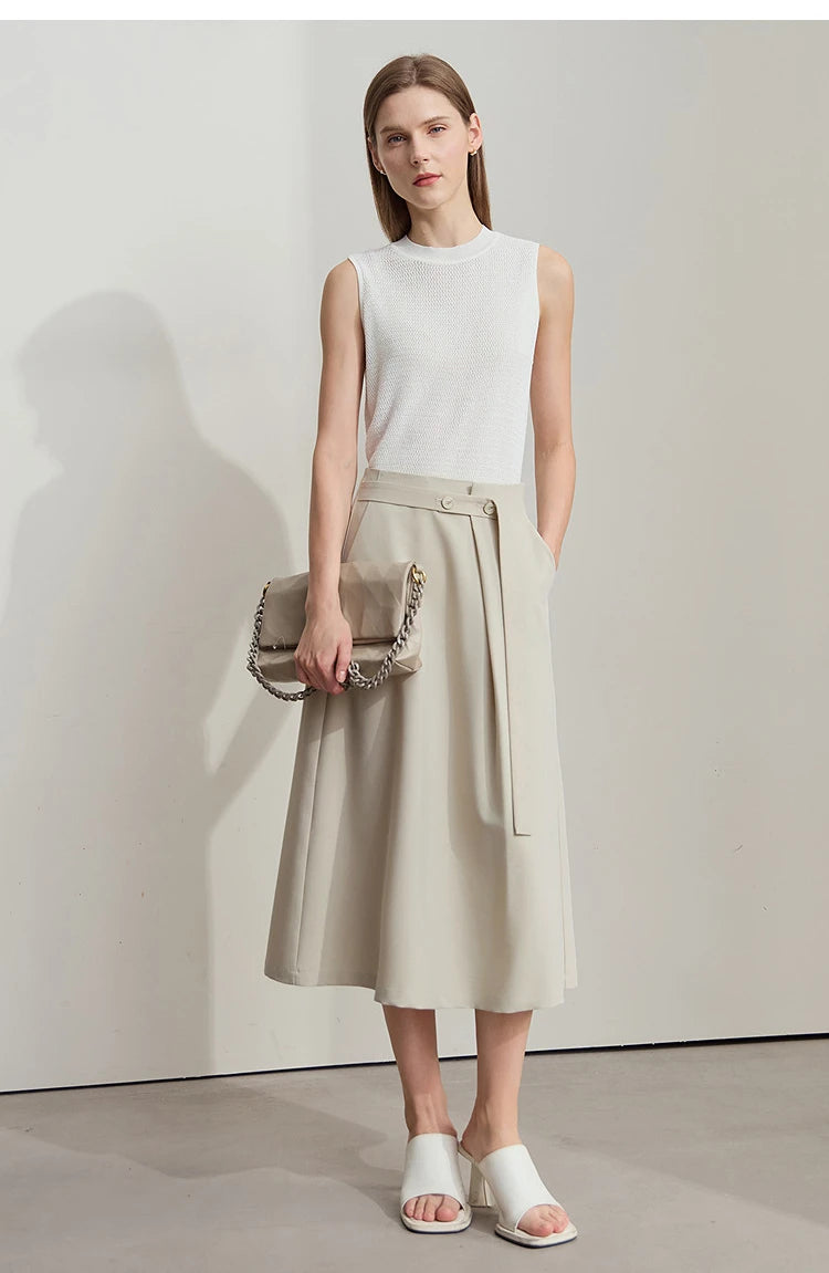 Minimalist Knee length Skirt Women Pleated A-line Loose Dress Elegant Commuting Style Belt Decoration Skirts 12522074