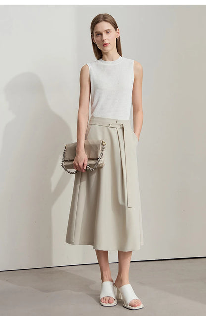 Minimalist Knee length Skirt Women Pleated A-line Loose Dress Elegant Commuting Style Belt Decoration Skirts 12522074