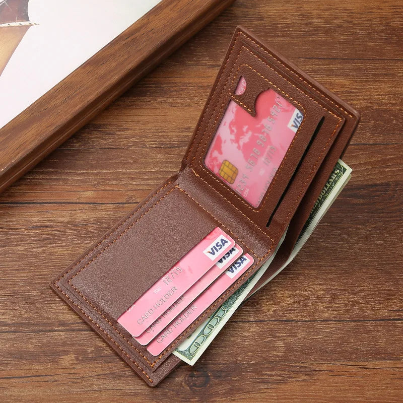 Lychee Texture Leather Card Clip Short Men'S Coin Purse Wallet Business-Style Cash Money Purse Multi Patchwork Card Slot Holder