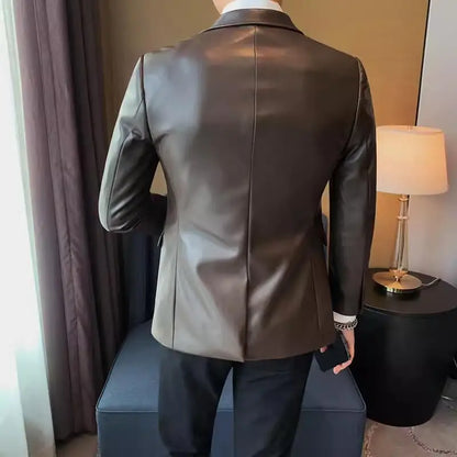 Men's Leather Jacket 2024 Autumn Highend Fashion Solid Slim Fit Business Blazers Coats Korean Casual PU Leather Suit Tuxedo