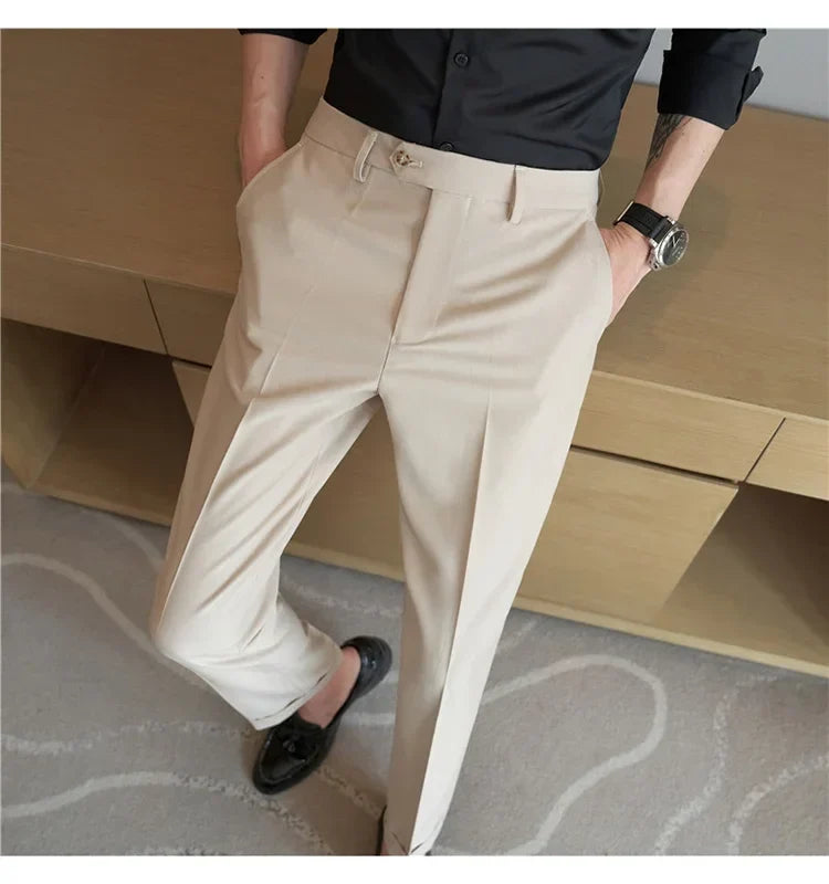 2024 New Men's Slim Fit Tapered Dress Pants Apricot Pearlescent Texture Business Casual Suit Trousers Spring Clothes