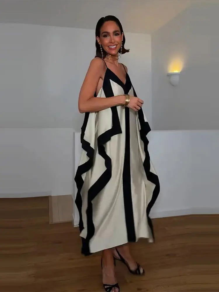 Contrast Black Trim Satin Maxi Dress Deep V Neck Loose Flowy Ruffle Hem Lady Long Gown 2026 Summer Formal Chic Vacation Dresses