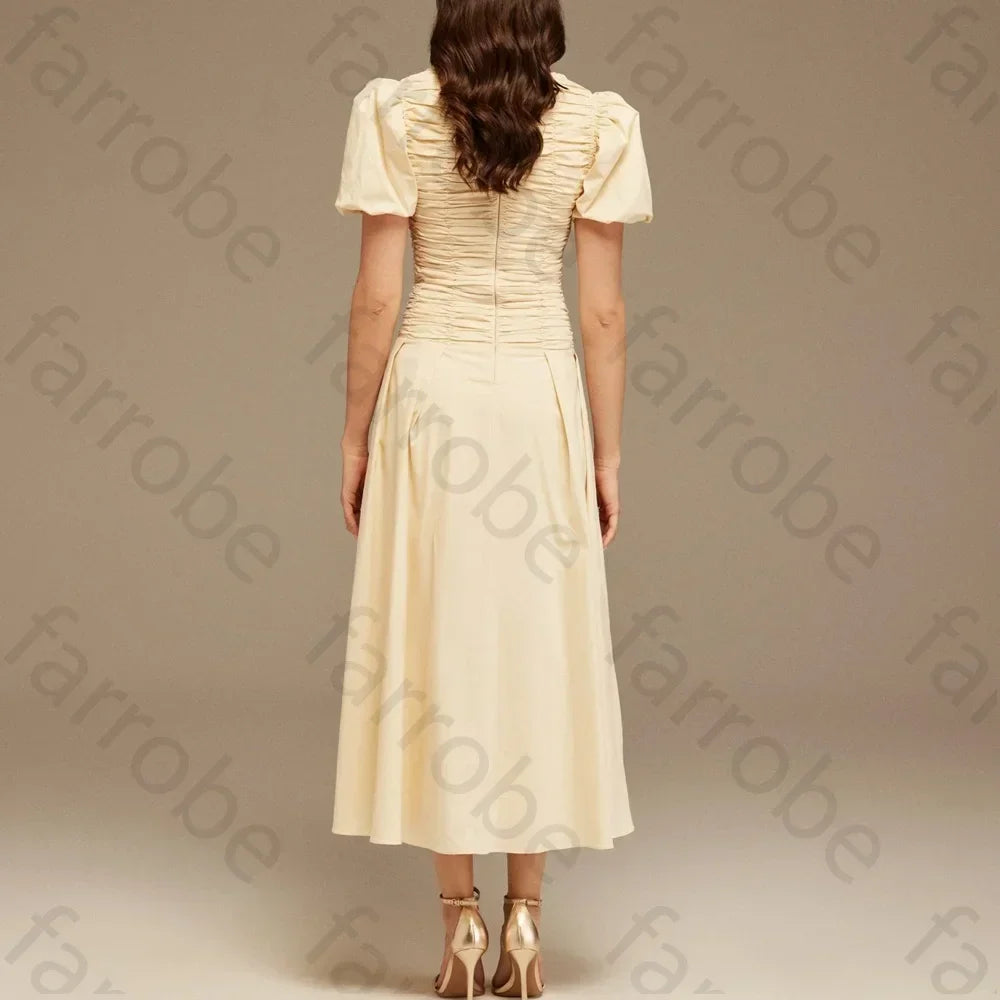 Customize Draped Top Short Sleeve Midi Dress A-Line Evening Dresses Formal Exquisite High Quality Prom Party Gowns for Women