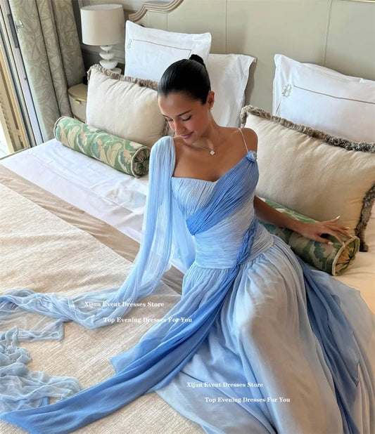 Elegant Blue Chiffon Evening Dresses Sweetheart Scarf A-Line Long Prom Dresses Pleated Sleeveless Prom Gowns 2025 Customiz