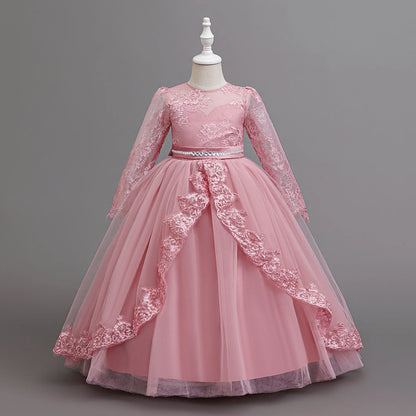 Long Sleeve Baptism Bridesmaids Party Girl Dresses Tulle Wedding Costumes Elegant Flower Princess Dress Girls Birthday Prom Gown
