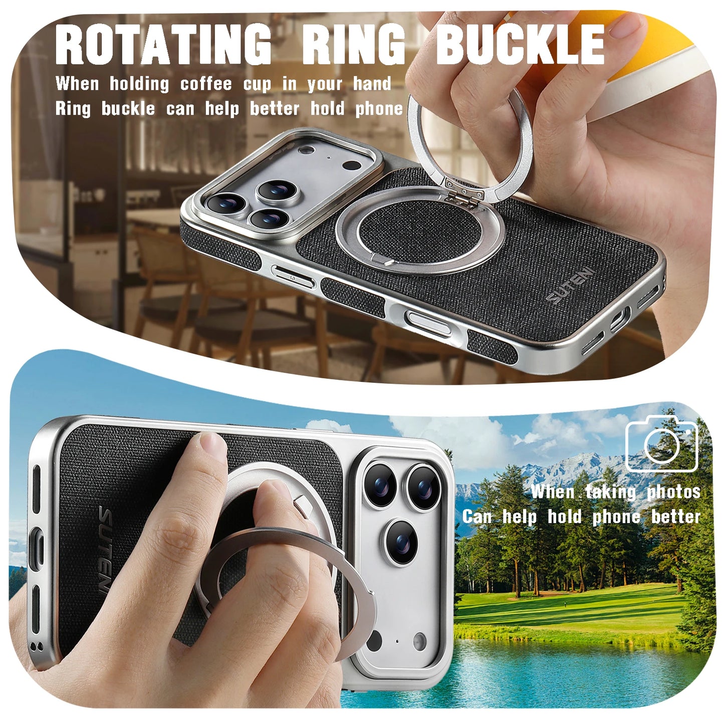 Faux Leather Magnet Wireless Charging Phone Case 360° Rotating Stand Ring Buckle Frosted Feel For iPhone 17 Pro Max 16 15