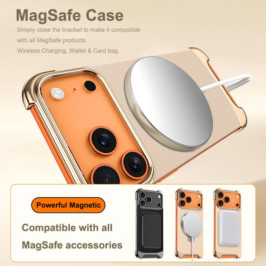 Luxury Leather Ultra Thin Frameless Magnetic Case for IPhone 17 16 15 14 13 Pro Max 17Air 17Pro Metal Bracket Anti-Drop Bumper