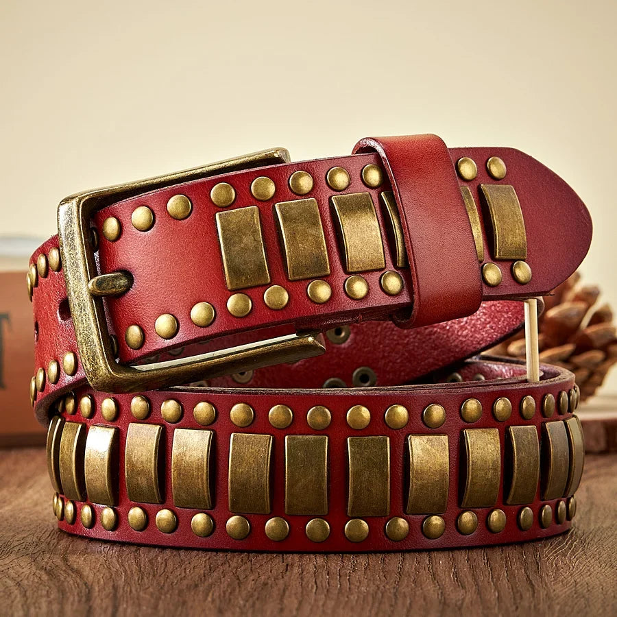Punk Rock Belts Geometry Pattern for Men for Women Rivet Studded Belts First Layer of Cowskin Hip Pop Decorative Belts