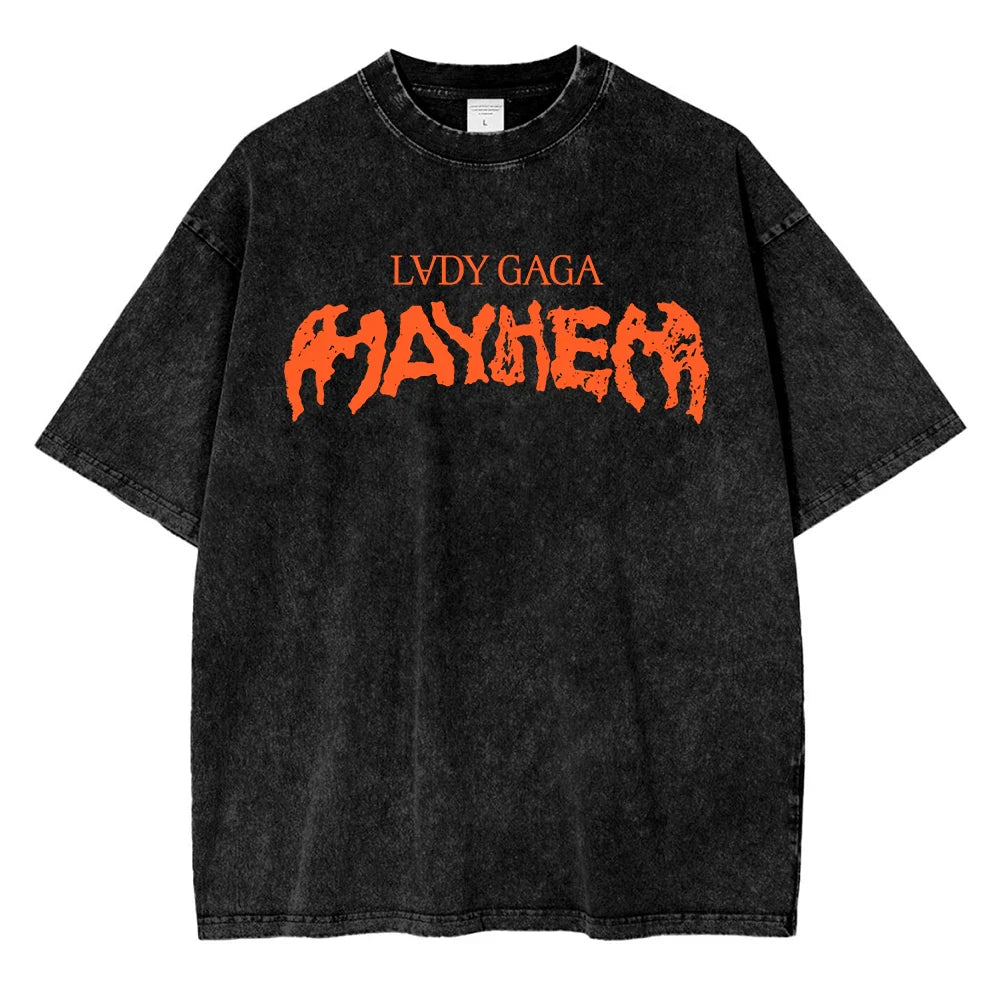 Vintage Washed Lady Gaga The Mayhem Ball Tour 2025 T Shirt Fashion Men/Women Aesthetic High Quality Acid Wash 100% Cotton Tees