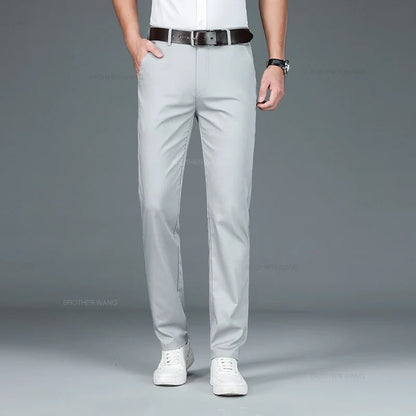 Bamboo Fiber Fabric Men's Casual Pants Summer New Ultra-thin Elastic Soft Straight Business Trousers Classic Black Khaki Gray
