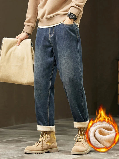 Retro Loose Winter Fleece Jeans Men's Warm Thicken Fashion Casual Denim Pants Comfortable Plush Velvet Thermal Male Trousers
