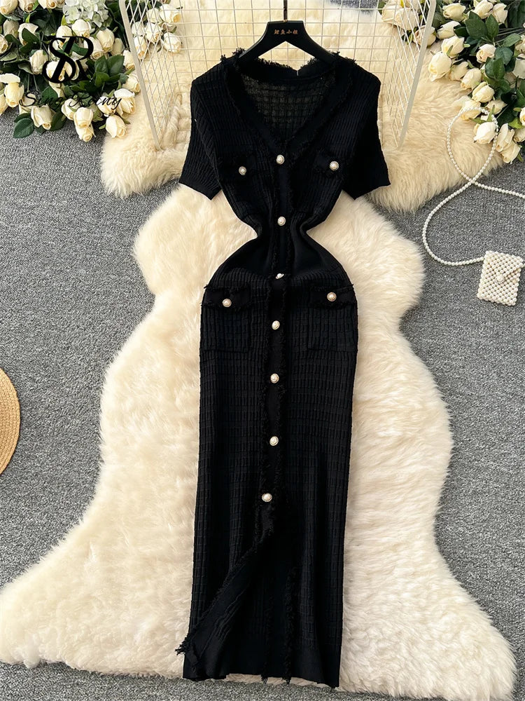 High Quality Elastic Knitted Long Sundress Women Short Sleeves Button Design Office Lady Vintage Split Slim Dress