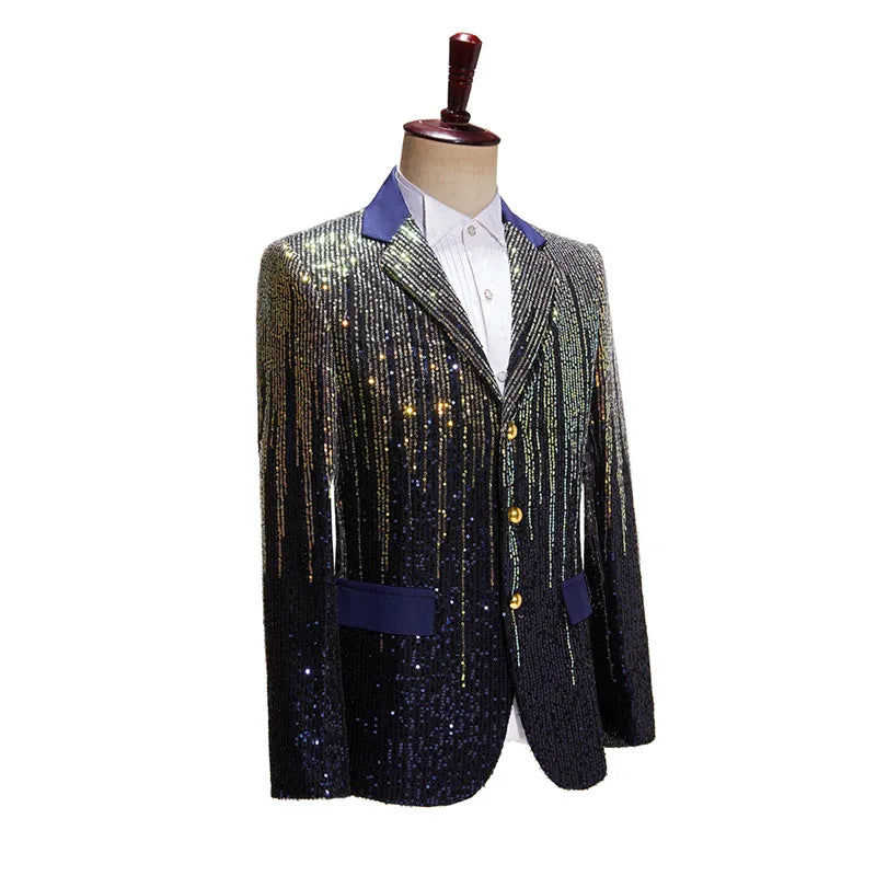 Men's Sparkling Sequin Blazer Jacket Stage Party Suit for Singer Dancer Prom Banquet Chorus Costume