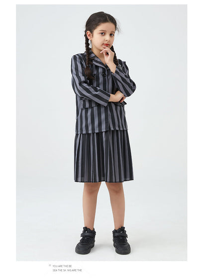 Girl Addams Family Halloween Cosplay Costume Girls Gray Purple Wednesday Addams Uniform Suit Skirts Wig Hand Wednesday Clothes
