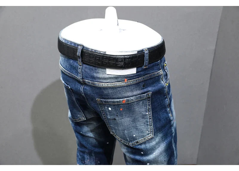 Fashion Designer Men Jeans Retro Blue Stretch Slim Fit Painted Ripped Jeans Men Korean Style Vintage Casual Denim Pants Hombre