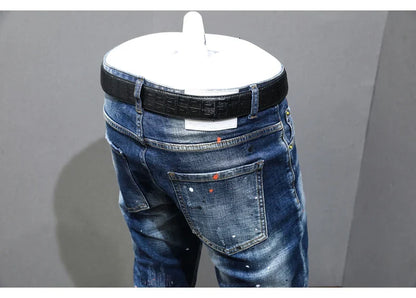 Fashion Designer Men Jeans Retro Blue Stretch Slim Fit Painted Ripped Jeans Men Korean Style Vintage Casual Denim Pants Hombre
