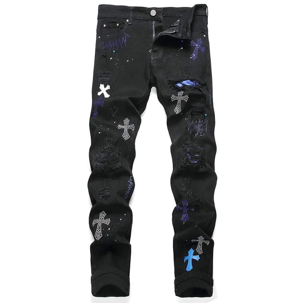 Men Crystal Cross Stretch Denim Jeans Holes Ripped Distressed Black Pants Embroidery Slim Tapered Trousers