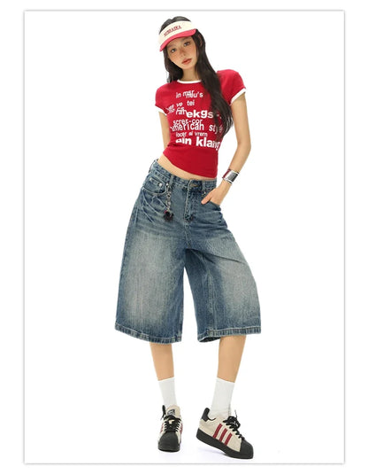 Vintage Washed Loose Straight Leg Denim Capri Men Women Lightning Print Streetwear Shorts