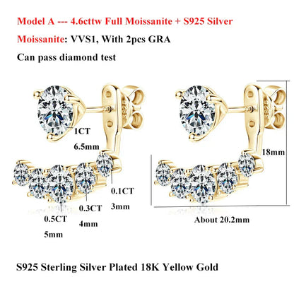 2 in 1 Full D Color Moissanite Stud Earrings for Women S925 Silver 4.6cttw All Diamond Earring Pierced Ear Fine Jewelry