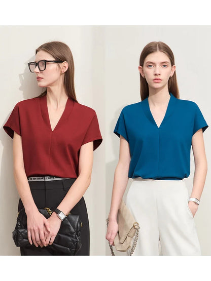 Minimalism 2026 Summer Women's T-shirt Classic Style Casual V-neck Short Sleeve Solid Stretch Female Tops & Tees 12312013