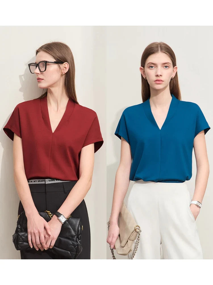 Minimalism 2026 Summer Women's T-shirt Classic Style Casual V-neck Short Sleeve Solid Stretch Female Tops & Tees 12612011