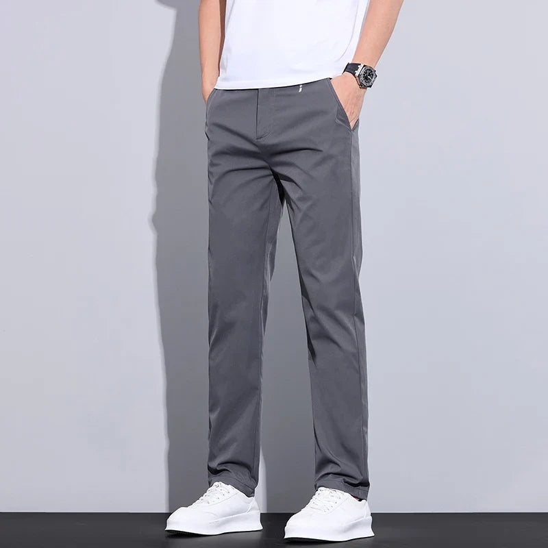 Spring Summer Thin Men's Slim Casual Pants Solid Color Elastic Waist Soft Breathable Business Straight Trousers Black Beige Gray