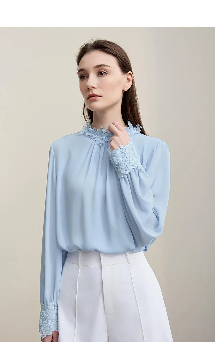 Women's Blouse 2026 Autumn New Elegant Commuter Lace Splicing Chiffon Shirt O-Neck Loose Pullover Tops For Woman 12621067