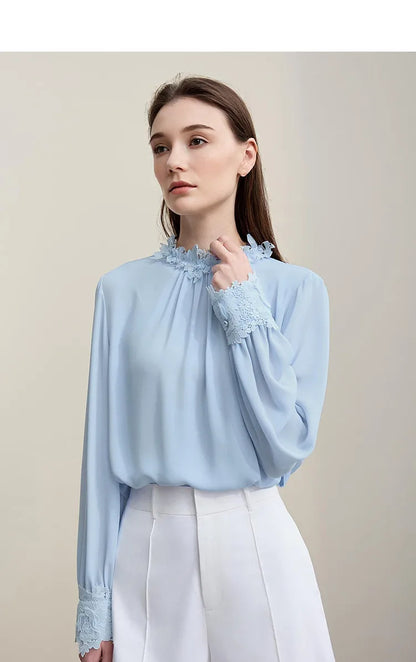Women's Blouse 2026 Autumn New Elegant Commuter Lace Splicing Chiffon Shirt O-Neck Loose Pullover Tops For Woman 12621067