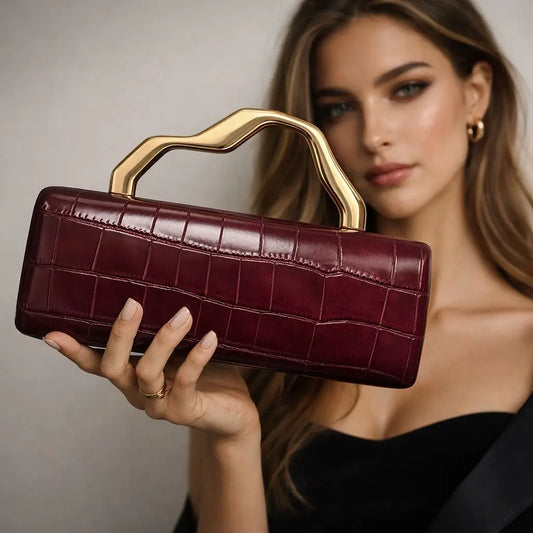 Luxury Burgundy Crocodile Pattern PU Evening Clutch with Gilded Shaped Handle for Ladies Fashionable Party Handbag