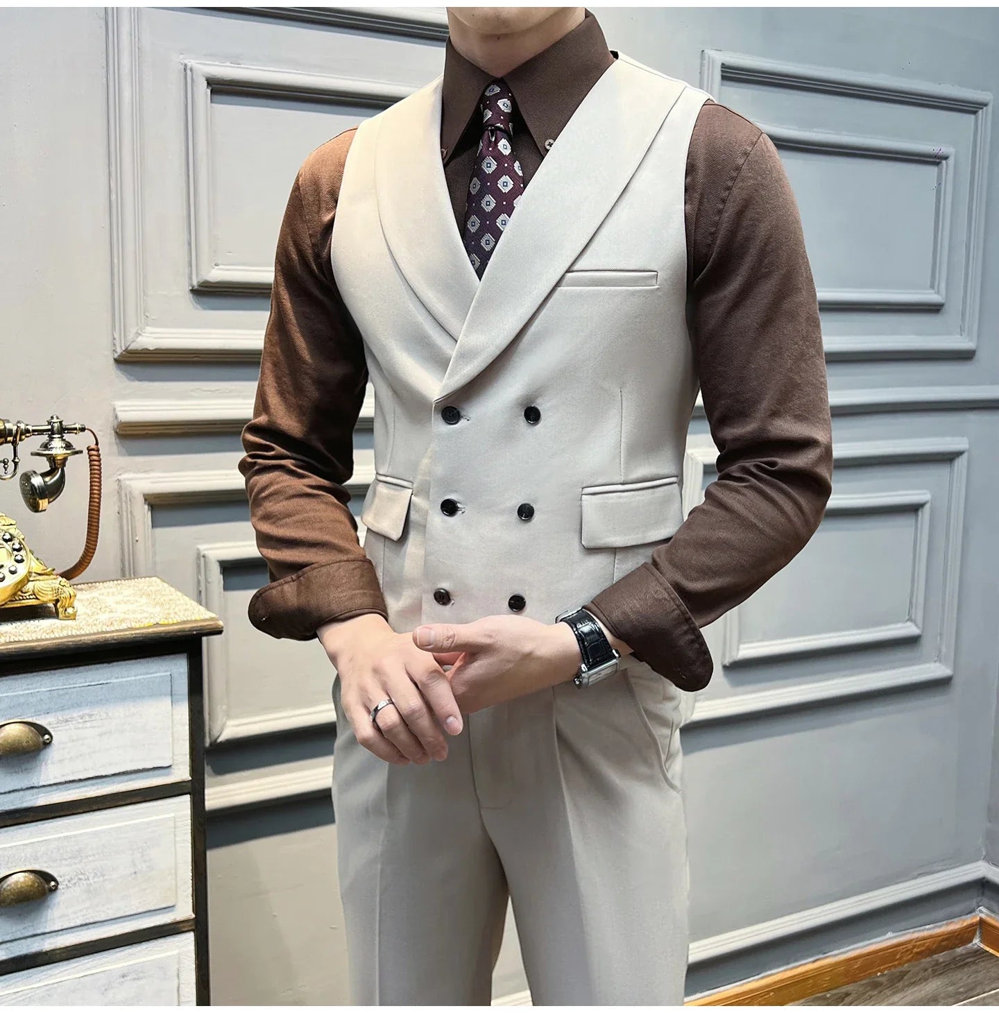 ( Vest + Pants) High-end Brand Solid Color Suit Vest 2 pieces Men Luxury Double Breasted Design Fashion Vest Set Club Clothing