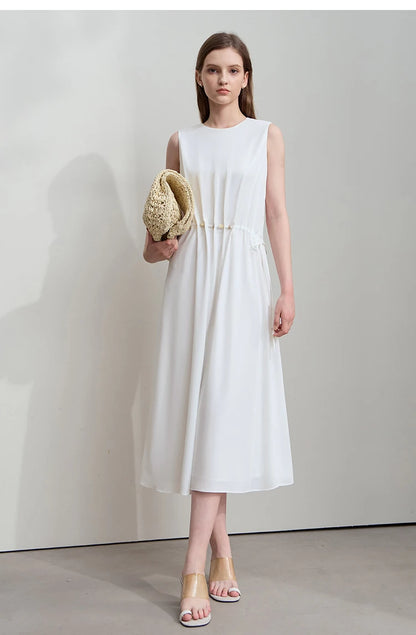 Minimalism Dresses 2025 Summer Vocation Women Loose Long Dresse Sleeveless High Waist Design Bead Drawstring Dress 12542177