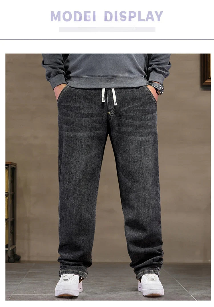 Extra Big Size Jeans Men High Elastic Waist Baggy Denim Pant Male Plus Large Loose Slim Fit Cowboy Trouser 8XL 6XL Classic Black