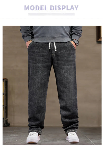 Extra Big Size Jeans Men High Elastic Waist Baggy Denim Pant Male Plus Large Loose Slim Fit Cowboy Trouser 8XL 6XL Classic Black