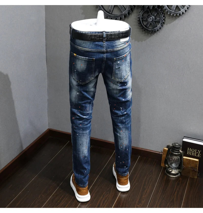 Fashion Designer Men Jeans Retro Blue Stretch Slim Fit Painted Ripped Jeans Men Korean Style Vintage Casual Denim Pants Hombre