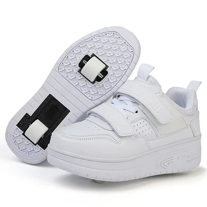 Autumn 2025 Kids Walking Shoes Detachable Double Wheel Roller Skates Boy Leather Student Shoe Four Wheeled Children Shoes Girl
